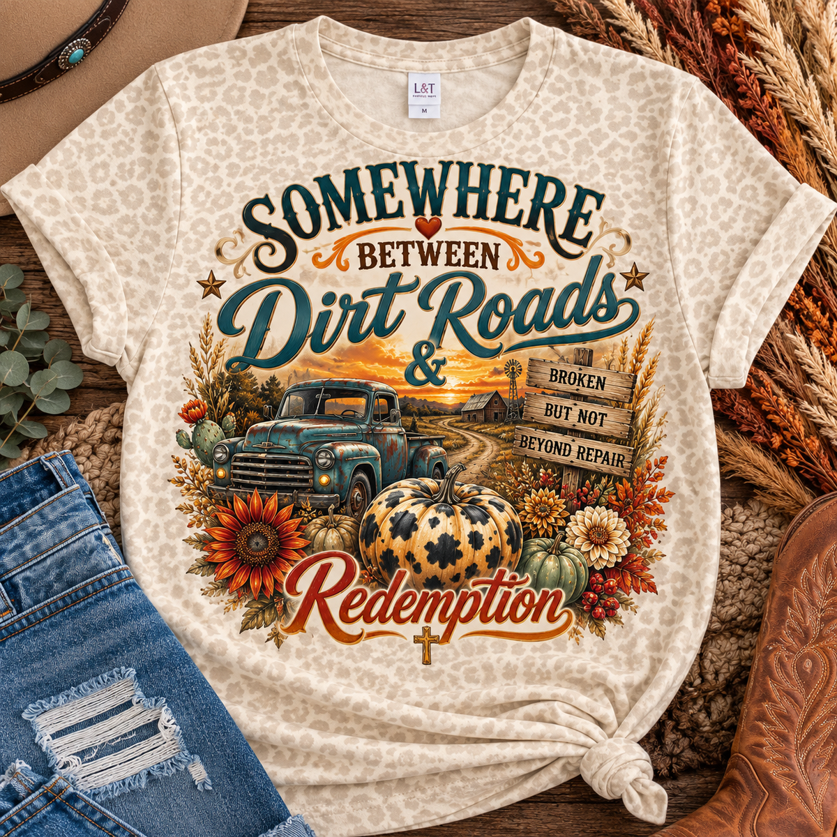 Somewhere Between Dirt Roads & Redemption | Natural Leopard Graphic Tee