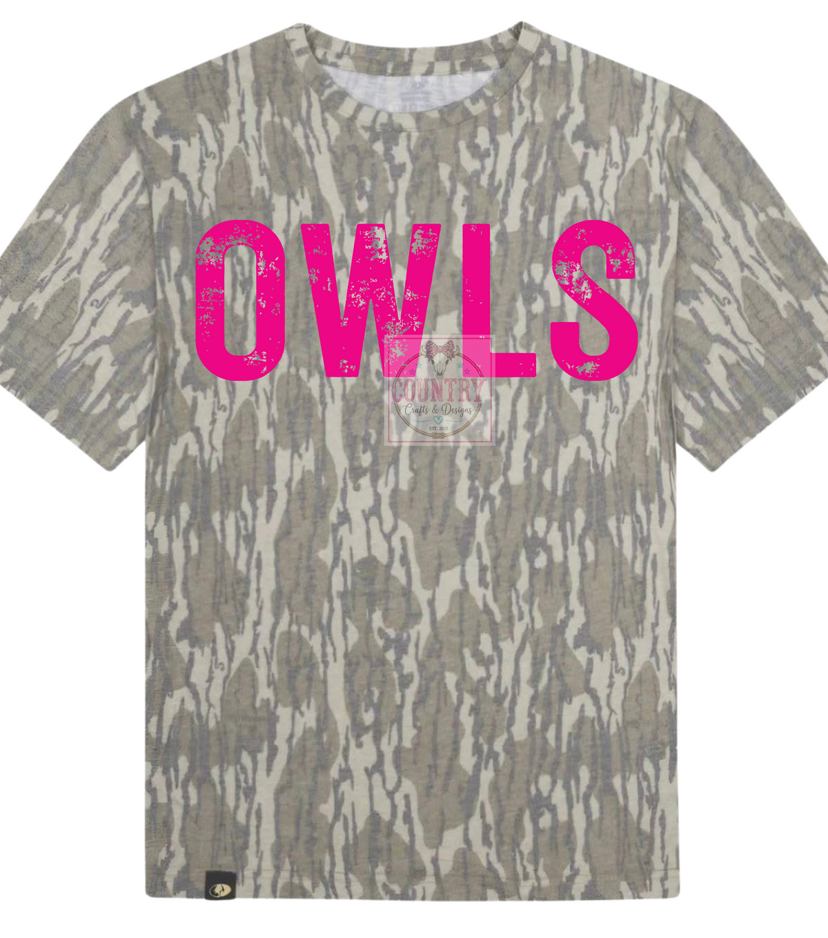Bottomland Mossy Oak Camo and distressed pink Owls - ladies