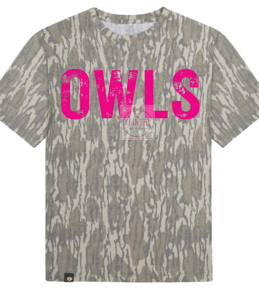 Bottomland Mossy Oak Camo and distressed pink Owls - ladies