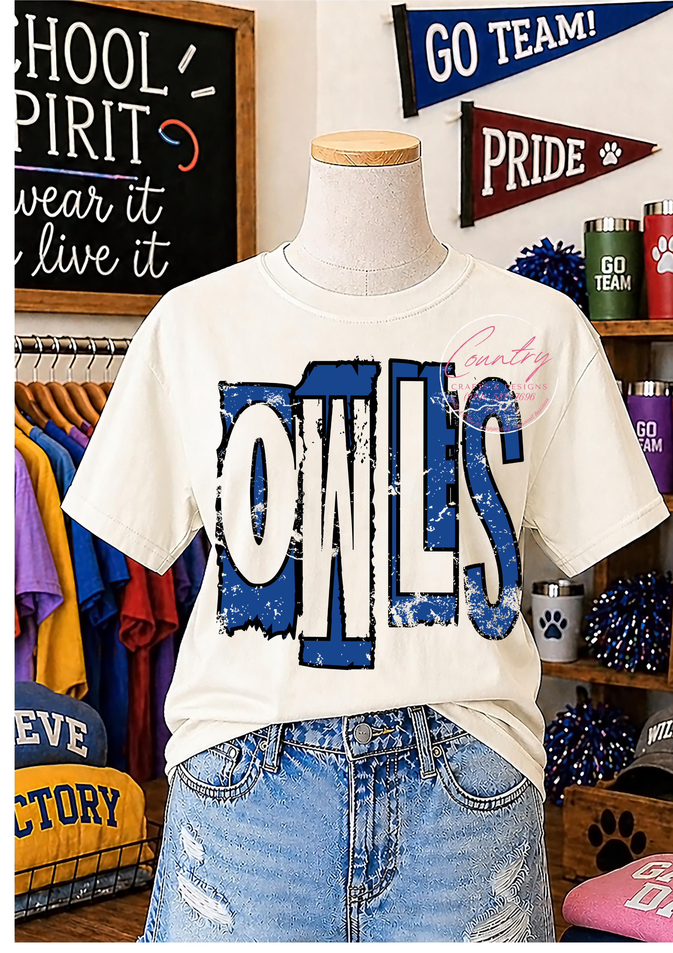Owls Royal and Black Distressed