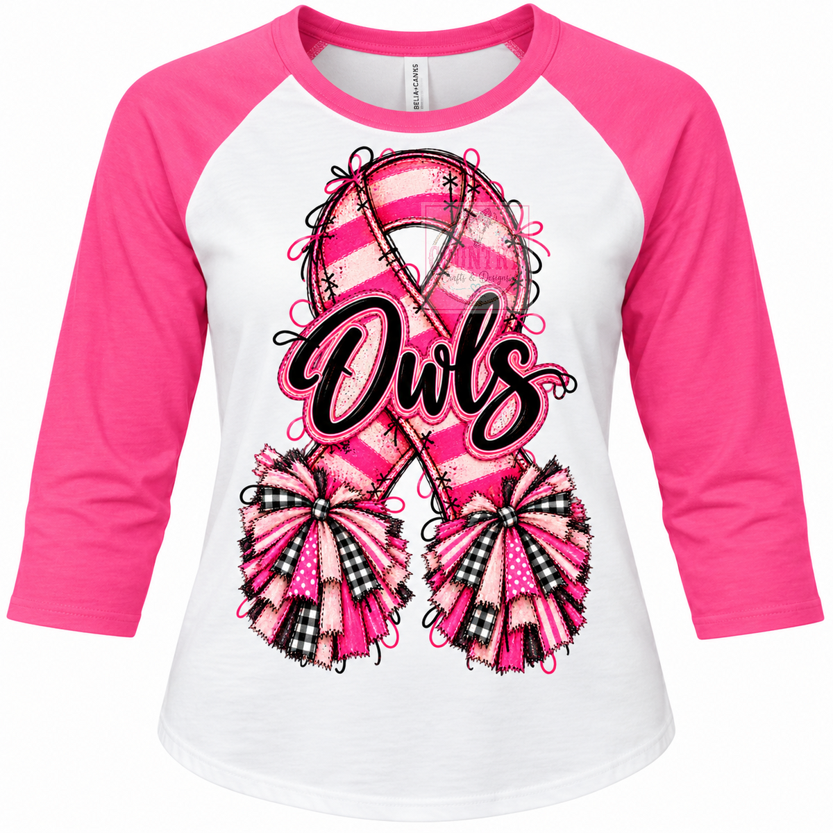 Raglan 3/4 Sleeve Owls Breast Cancer Awareness