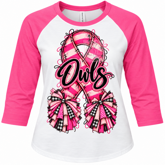 Raglan 3/4 Sleeve Owls Breast Cancer Awareness